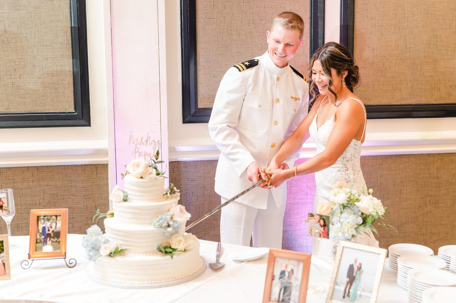 Wedding cake styled on a dressed table