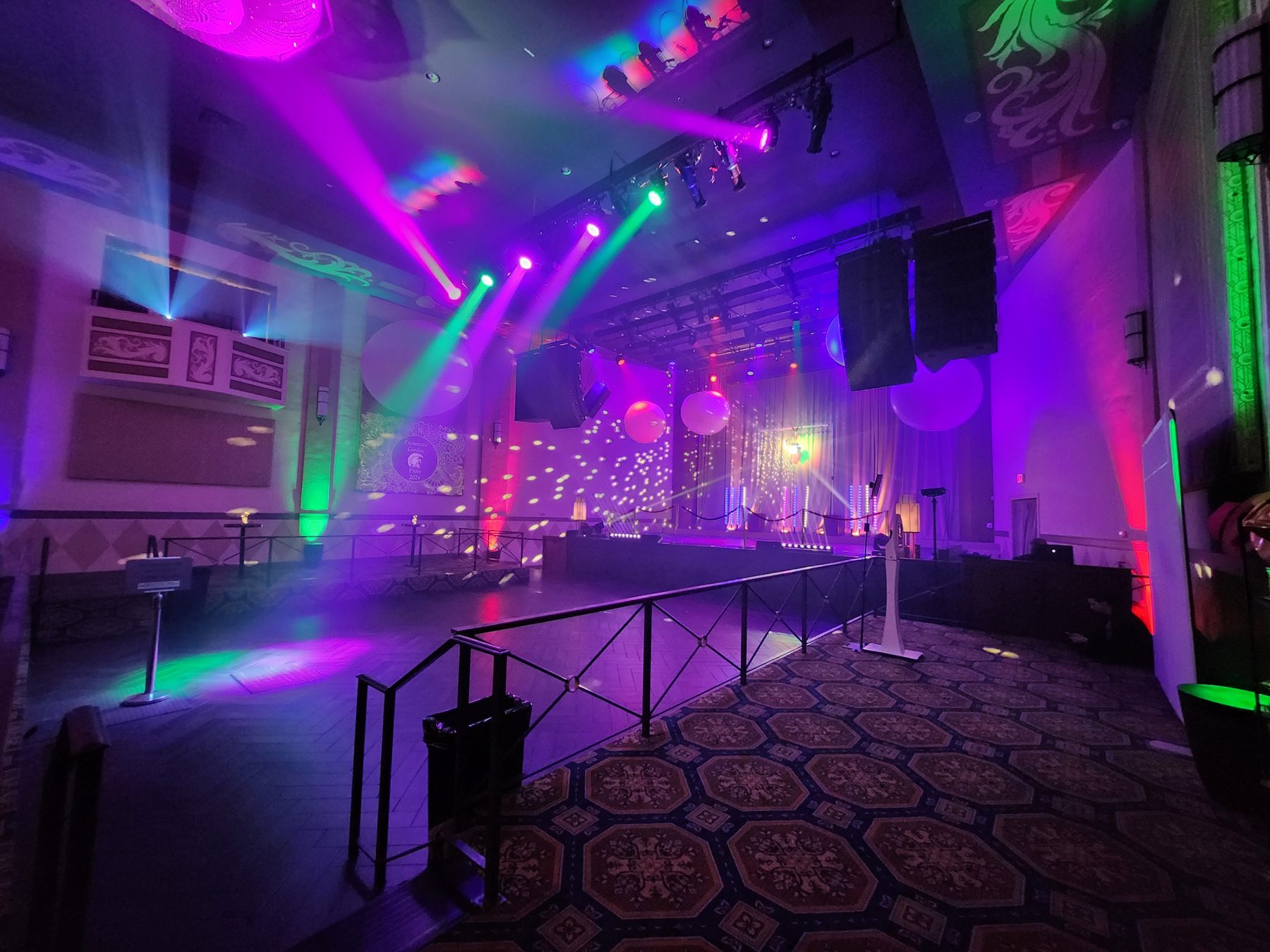 The Hippodrome ballroom in Richmond set for prom with moving lights, uplighting and a dance floor